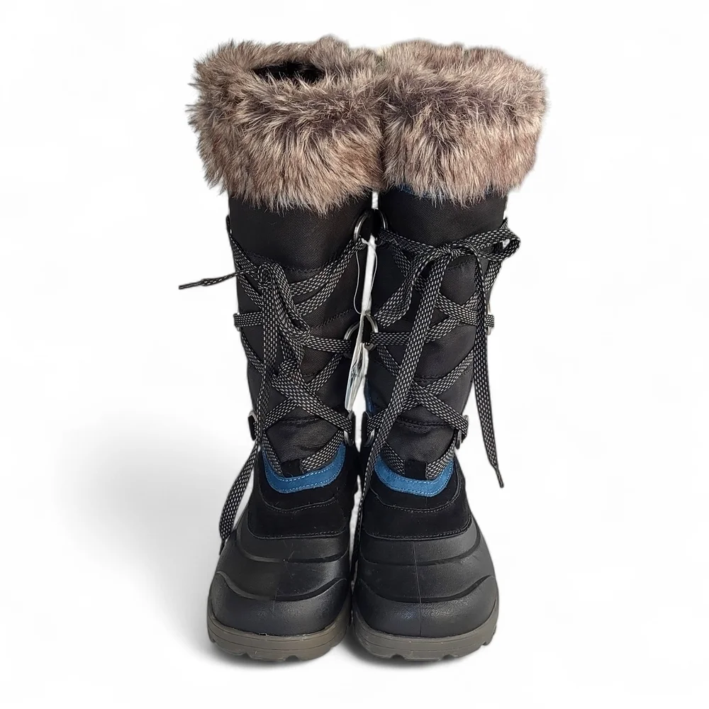 Baretraps Women's Black Winter Boots W/Faux Fur & Blue Trim 